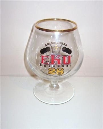 beer glass from the Kulmbacher brewery in Germany with the inscription 'Klumbacher EKU Brauerei 28 Eines Der Starksten Biere De Welt'