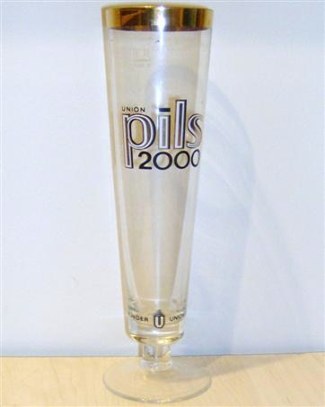beer glass from the Dortmunder Union  brewery in Germany with the inscription 'Union Pils 2000 Dortmunder Union-Brauerei'