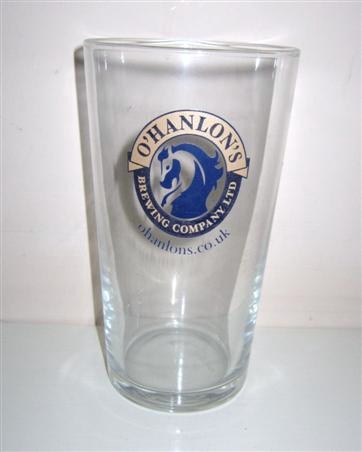 beer glass from the Hanlon's brewery in England with the inscription 'O'Hanlon's Brewing Company. Ohanlons.co.uk'