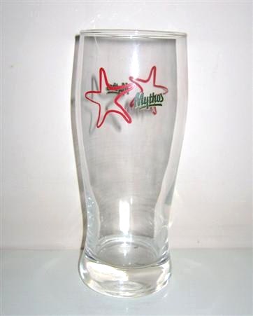 beer glass from the Mythos brewery in Greece with the inscription 'Mythos x'
