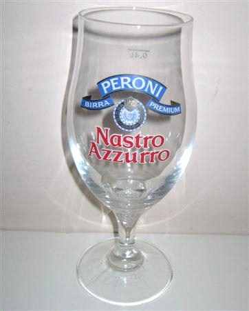 beer glass from the Peroni brewery in Italy with the inscription 'Peroni Birra Premium Nastro Azzurro'