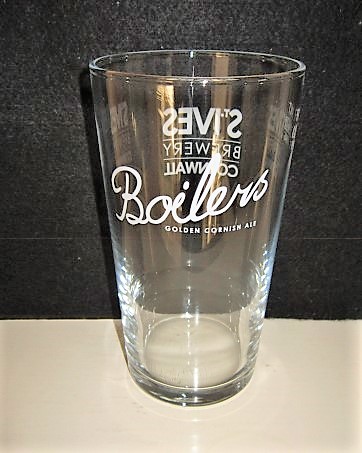 beer glass from the St' Ives brewery in England with the inscription 'Boilers Golden Cornish Ale'