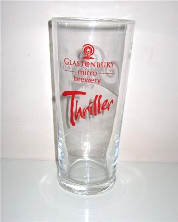 beer glass from the Glastonbury Ales brewery in England with the inscription 'Glastonbury Micro Brewery. Thriller'