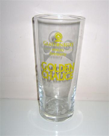 beer glass from the Glastonbury Ales brewery in England with the inscription 'Glastonbury Micro Brewery. Golden Chalice'
