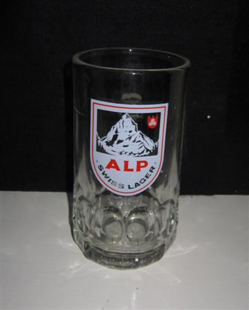 beer glass from the  Hurlimann brewery in Switzerland with the inscription 'ALP Swiss Lager'