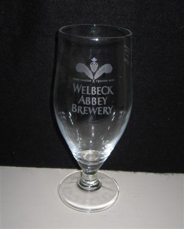 beer glass from the Welbeck Abby brewery in England with the inscription 'Welbeck Abby Brewery. Hand Crafted English Ales'