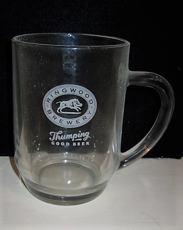 beer glass from the Ringwood brewery in England with the inscription 'Ringwood Bewery Thumping Good Beer'
