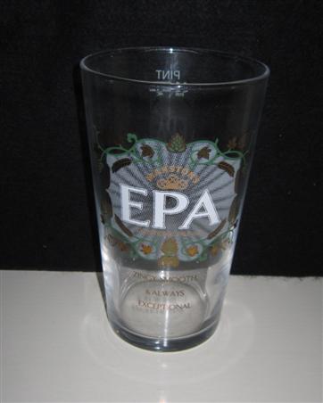 beer glass from the Marston's brewery in England with the inscription 'Marston's EPA Exceptional Pal Ale. Zingy, Smooth & And Always Exceptional'