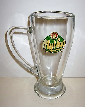 beer glass from the Mythos brewery in Greece with the inscription 'Mythos Beer'