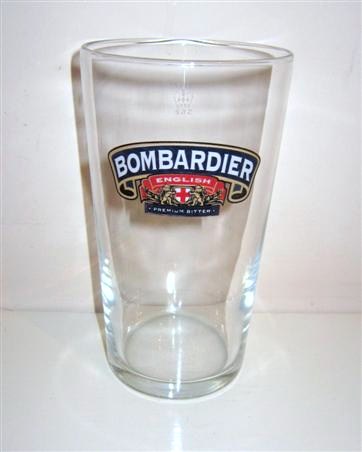 beer glass from the Charles Wells brewery in England with the inscription 'Bombardier English Premium Bitter'
