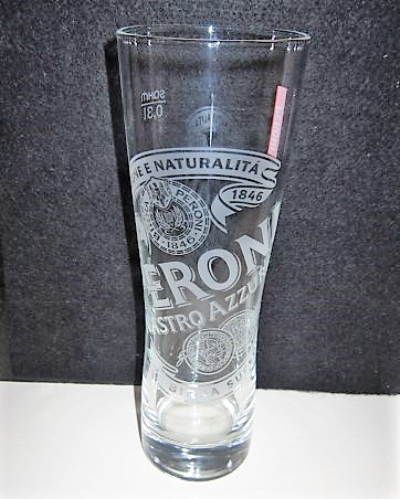 beer glass from the Peroni brewery in Italy with the inscription 'Dal Tradizione E Naturalita 1846 Peroni Nastro Azzurro Birra Superiore'