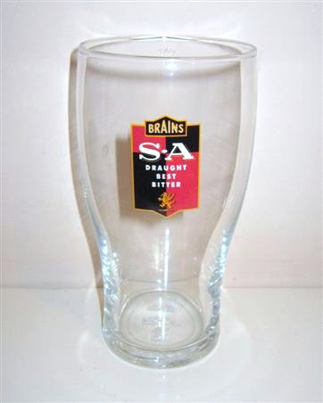 beer glass from the SA Brain brewery in Wales with the inscription 'Brains SA. Draught Best Bitter'