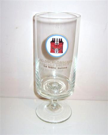 beer glass from the Feldschlosschen brewery in Switzerland with the inscription 'Feldschlosschen. La Biere Suisse'