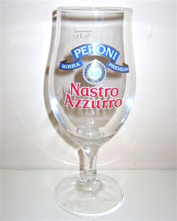 beer glass from the Peroni brewery in Italy with the inscription 'Peroni, Birra Premium Nastro Azzurro'