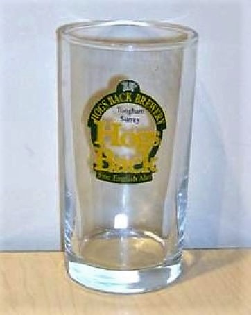 beer glass from the Hogs Back brewery in England with the inscription 'Hogs Back Brewery Tongham Surrey  Hogs Back Fine English Ales'