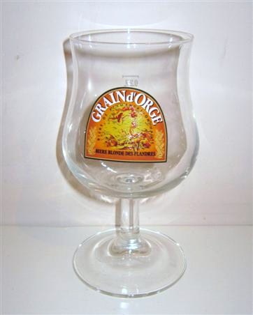 beer glass from the Grain d'Orge brewery in Belgium with the inscription 'Grain d'Orge Biere Blond, Des Flandres'