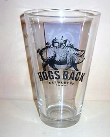 beer glass from the Hogs Back brewery in England with the inscription 'Hogs Back Brewery.Co Tongham '