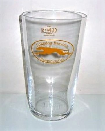 beer glass from the Longdog brewery in England with the inscription 'Longdog Brewery, Hampshire Ales '