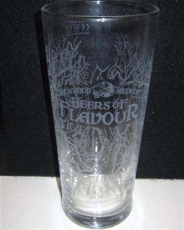 beer glass from the Wychwood  brewery in England with the inscription 'Wychwood Brewery, Beers Of Flovour'