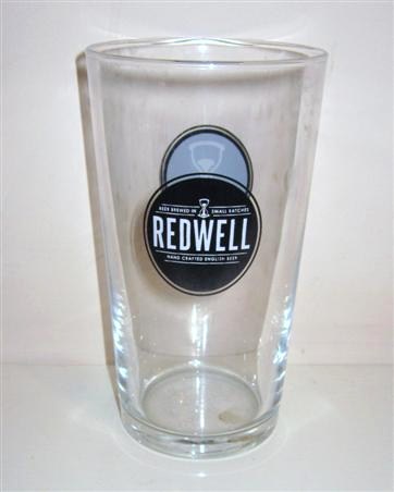 beer glass from the Redwell brewery in England with the inscription 'Redwell, Beer Brewed In Small Batches. Hand Crafted English Beer'