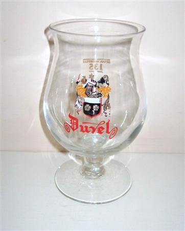 beer glass from the Duvel Moortgat brewery in Belgium with the inscription 'Duvel, Brouwerij Brasserie Duvel Moorgat 135 Jaar-Ans'