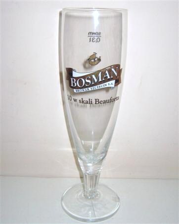 beer glass from the Bosman brewery in Poland with the inscription 'Bosman, Browar Szczecin S.A Iow Skali Beauforta'