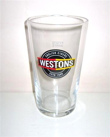 beer glass from the Westons Cider brewery in England with the inscription 'English Cider, Westons Estd 1880'