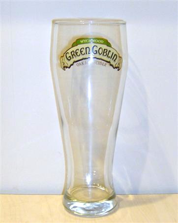 beer glass from the Wychwood  brewery in England with the inscription 'Wychwood Green Goblin Oak Aged Cider'