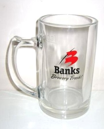beer glass from the Banks  brewery in Barbados with the inscription 'Banks, Brewery Fresh'