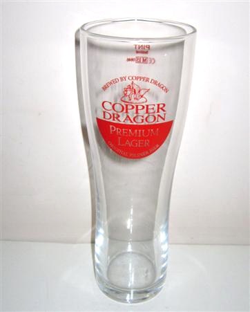 beer glass from the Copper Dragon  brewery in England with the inscription 'Brewed By Copper Dragon, Copper Dragon Premium Lager, Original Pilsner Bier'