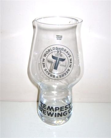 beer glass from the Tempest brewery in Scotland with the inscription 'Brave New World, Brave New Beers Estd 2010, Tempest Brewing Co'