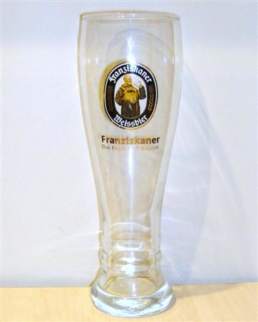 beer glass from the Franziskaner brewery in Germany with the inscription 'Franziskaner Weissbier Franziskaner Das Frische an Bayern'