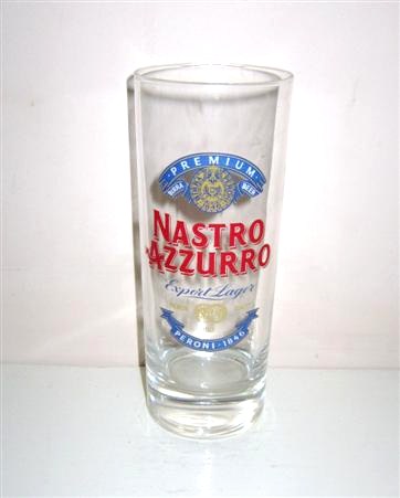 beer glass from the Peroni brewery in Italy with the inscription 'Nastro Azzurro Premium Birra Beer Expot Lager, Premium Quality Italy. Peroni 1846'