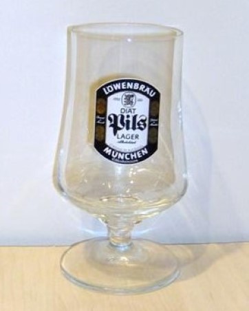 beer glass from the Lowenbrau brewery in Germany with the inscription 'Lowenbrau Since 1363 Diat Pils Larger Stronge in Alcohol Munchen'