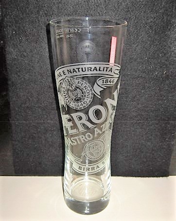 beer glass from the Peroni brewery in Italy with the inscription 'Dal Tradizione E Naturalita 1846 Peroni Nastro Azzurro Birra Superiore'