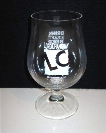 beer glass from the Lord Chambray brewery in Malta with the inscription 'Lord Chambray, LC Brewed In Gozo'