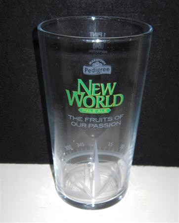 beer glass from the Marston's brewery in England with the inscription 'Marston's Pedigree, New World Pale Ale. The Fruit Of Our Passion'
