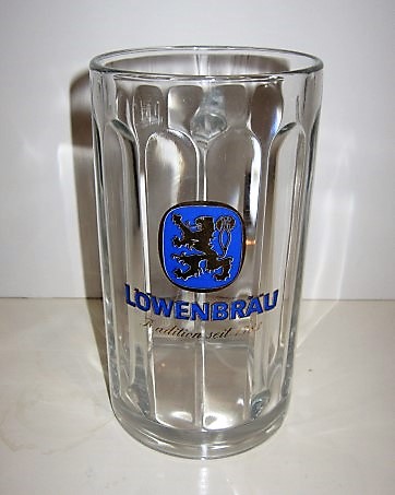 beer glass from the Lowenbrau brewery in Germany with the inscription 'Lowenbrau Tradition seit 1383'