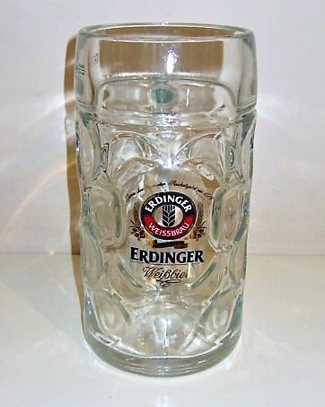 beer glass from the Erdinger  brewery in Germany with the inscription 'Erdinger Weissbru Aaus Bayern Erdinger Weisbier'