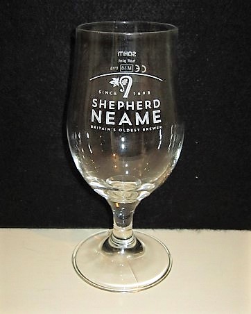 beer glass from the Shepherd Neame brewery in England with the inscription 'Since 1698 Shepherd Neam, Britions Oldest Brewers'