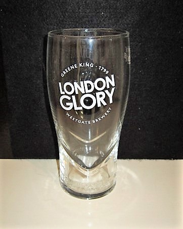 beer glass from the Greene King brewery in England with the inscription 'Green King 1799 London Glory Westgate Brewery, Brewing Perfection'