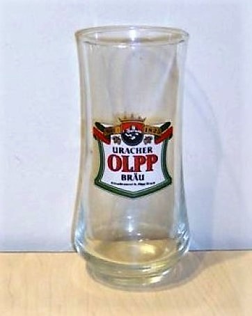 beer glass from the Uracher Olpp Brau brewery in Germany with the inscription 'Seit 1825 Uracher Olpp Brau'