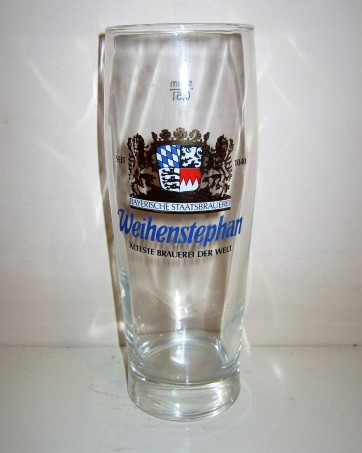 beer glass from the Weihenstephan brewery in Germany with the inscription 'Seit 1040 Bayerische Staatsbrauere Weihenstephan Alteste Brauerei Der Welt'