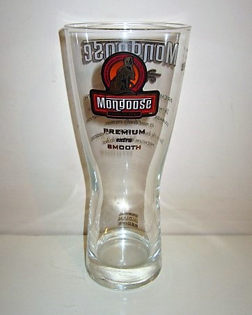 beer glass from the Wells & Youngs brewery in England with the inscription 'Mongoose Premium Beer. Premium Extra Smooth'