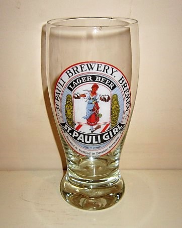 beer glass from the St. Pauli Brewery brewery in Germany with the inscription 'St Pauli Girl Lager Beer, St Pauli Brewery Bremen, Brewed & Bottled in Bremen Germany'