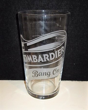 beer glass from the Charles Wells brewery in England with the inscription 'Bombardier, Bang On'