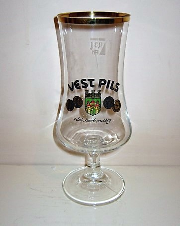 beer glass from the Vest brewery in Germany with the inscription 'Vest Pils, Edel Herb Rassig'
