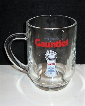 beer glass from the Whitbread  brewery in England with the inscription 'Whitbread Gauntlet ,Gauntlet'