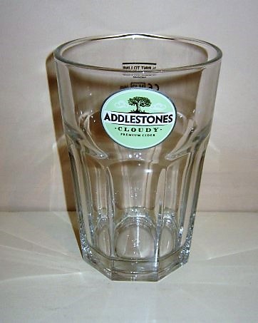 beer glass from the Addlestones brewery in England with the inscription 'Addlestones, Cloudy Premium Cider'