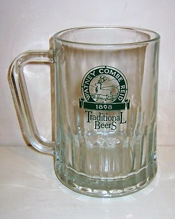 beer glass from the Watney Mann brewery in England with the inscription 'Watney Combe Ried 1898 Traditional Beers'